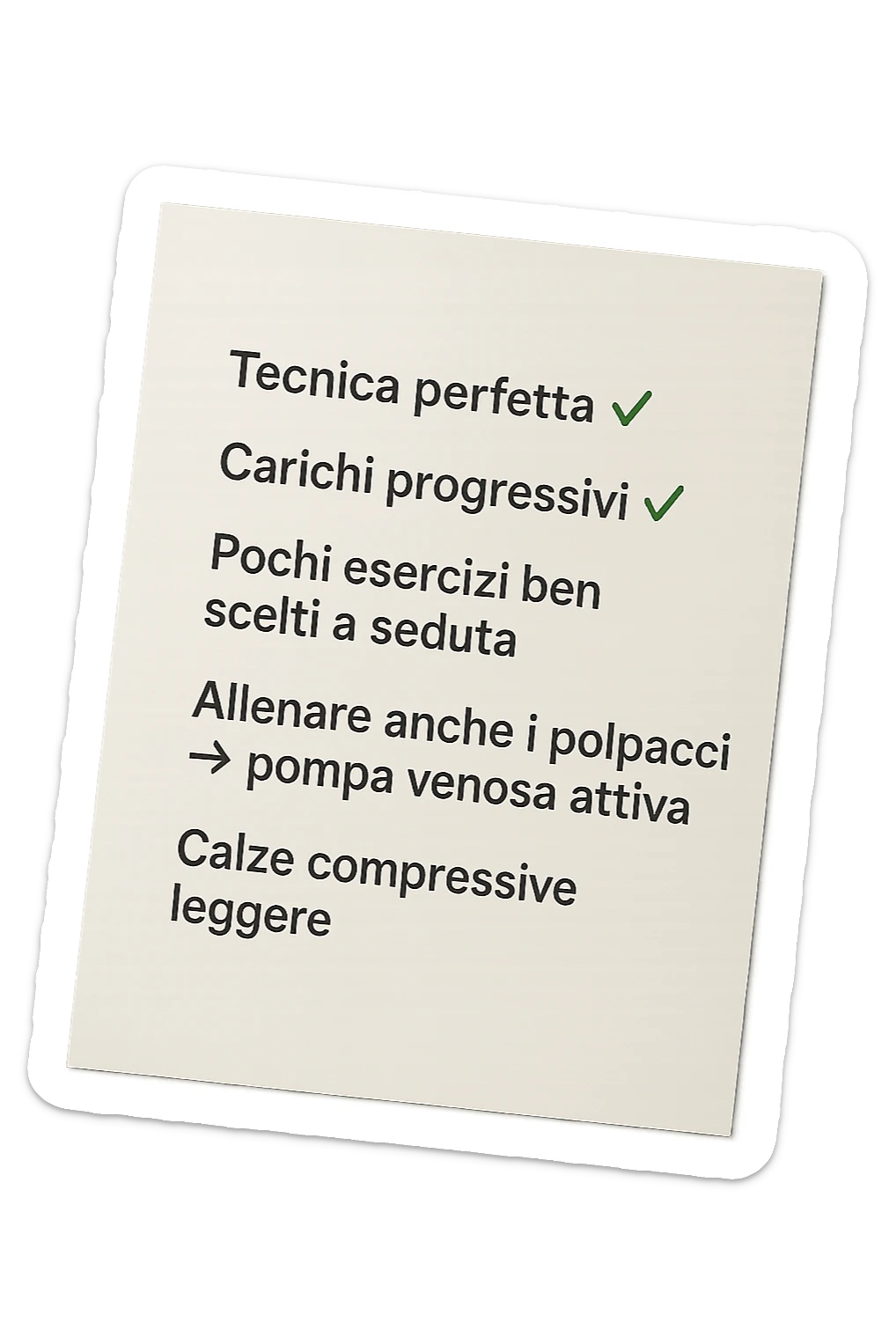 FOGLIO DI CARTA PER L'ALLENAMENTO IN PALESTRA CON LA SCRITTA "Tecnica perfetta
 ✅ Carichi progressivi
 ✅ Pochi esercizi ben scelti a seduta
 ✅ Allenare anche i polpacci → pompa venosa attiva
 ✅ Calze compressive leggere" , IPERREALISTICA 4K sticker