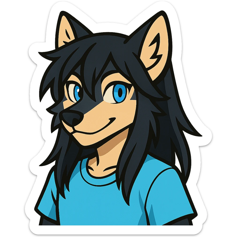 anime style wolf furry character with blue eyes, long black hair, wearing a light blue shirt sticker