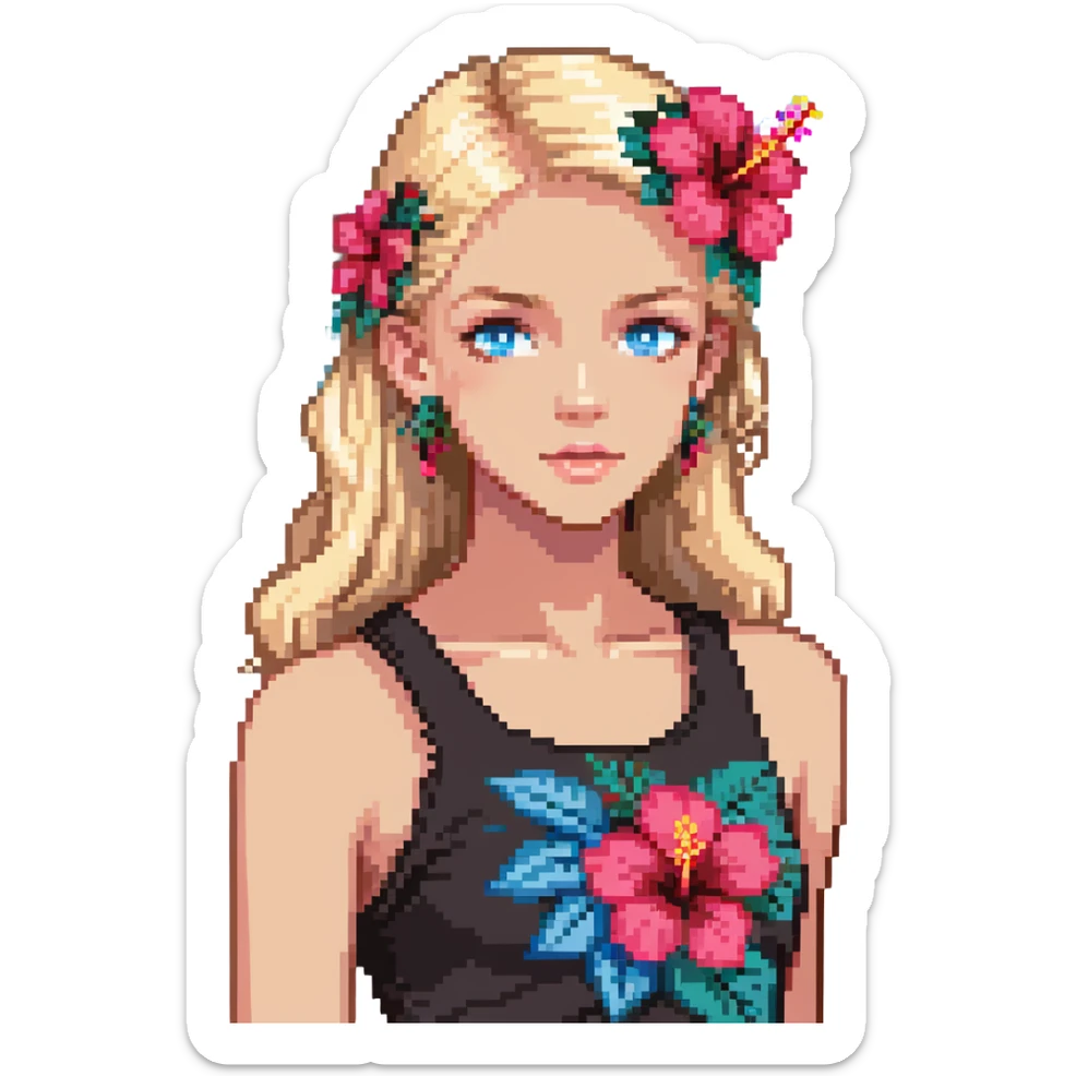preppy coastal teen girl with blue eyes, beach blonde hair, tan skin, hibiscus flower in her ear, preppy beach outfit sticker