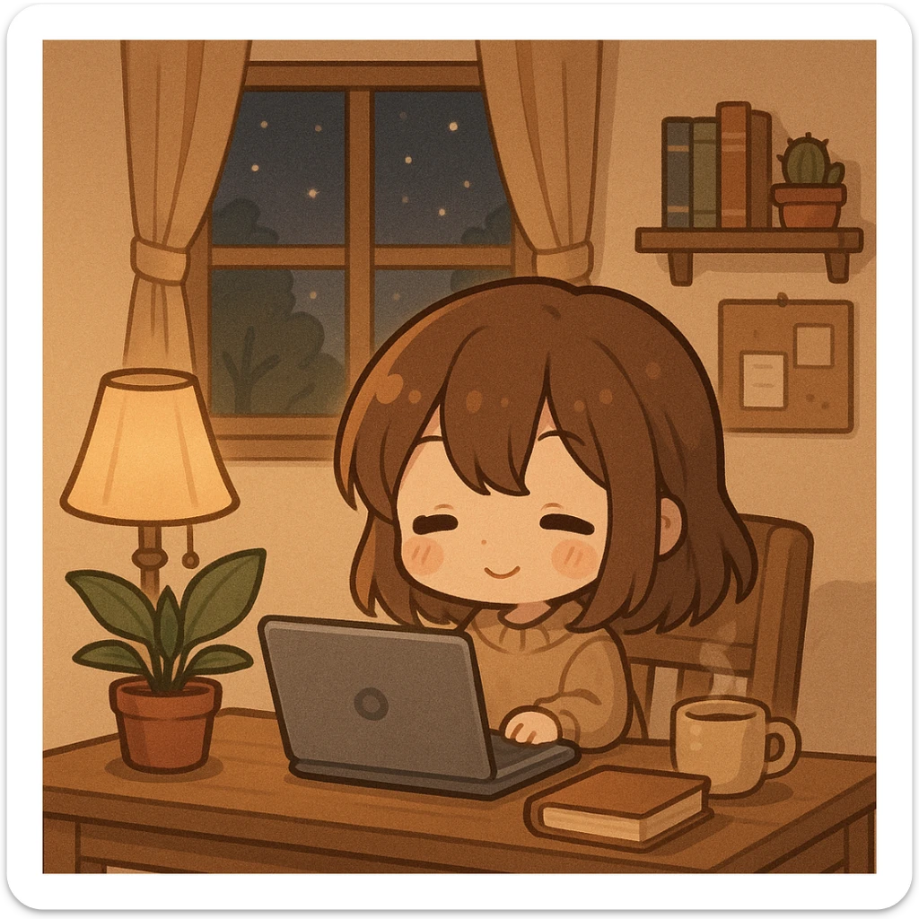 Add a laptop on the desk in front of the chibi girl, keeping the cozy desk scene atmosphere. sticker