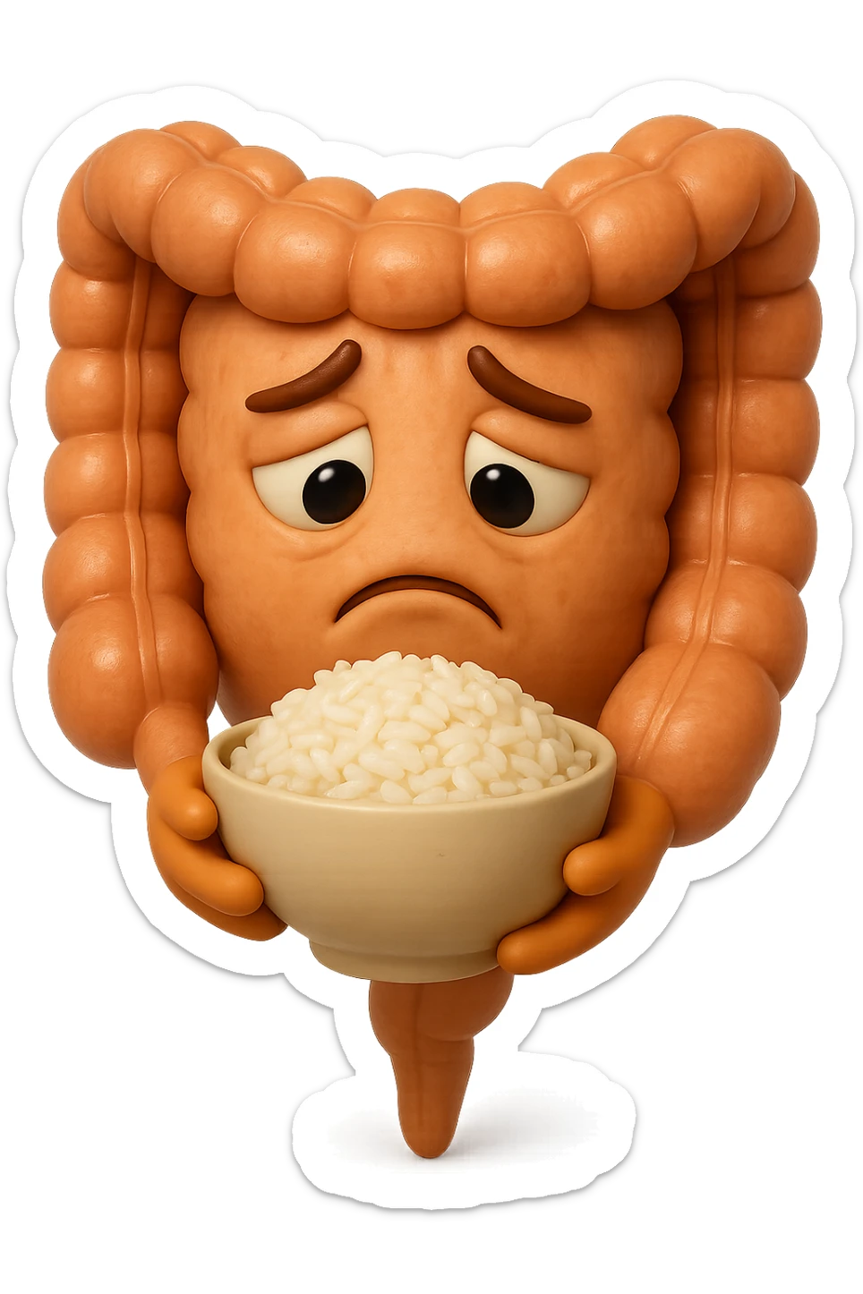 emoji stile iphone 3d di un intestino che guarda una bowl di riso che ha in mano con espressione triste, iperealistico 4k sticker