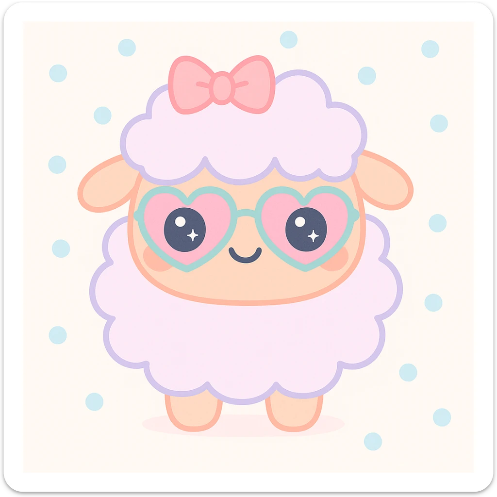 Add a pink bow and heart-shaped glasses to the kawaii fluffy sheep, keeping the cute and soft kawaii style with fluffy texture and pastel colors. sticker