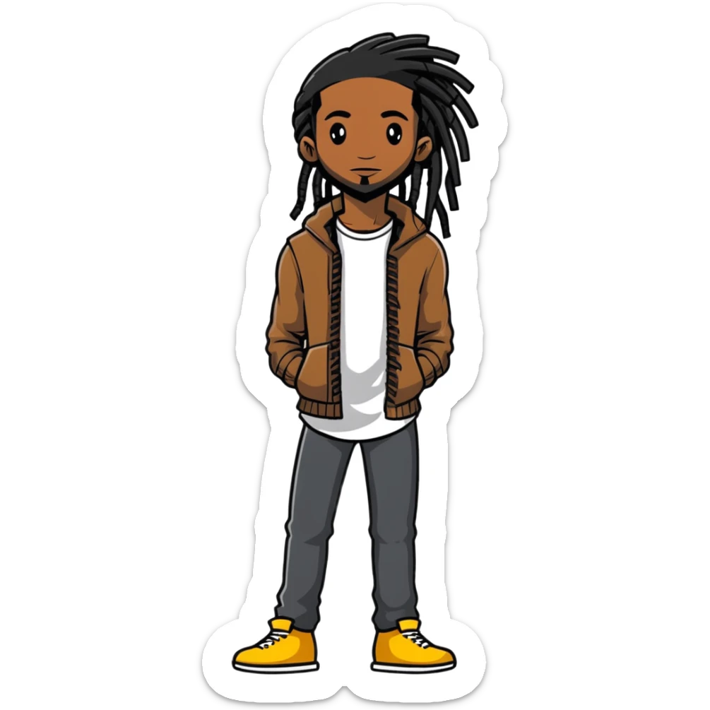full body very skinny African American male figure standing wearing clothes with long dreadlocks sticker