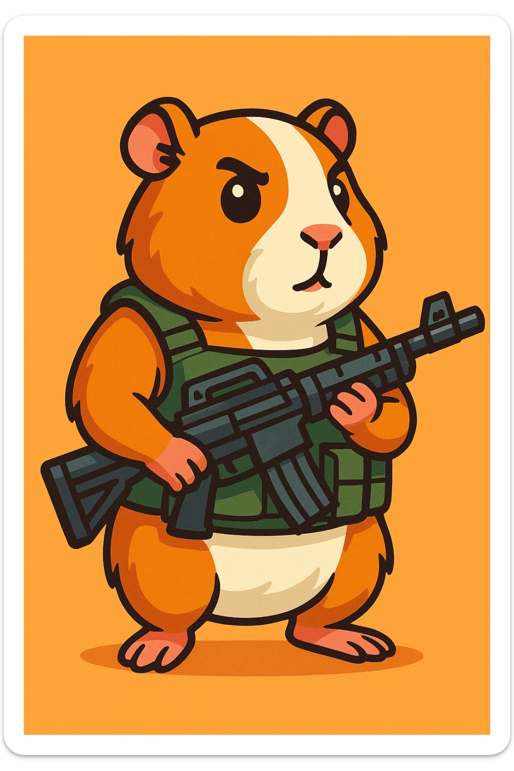 full-body guinea pig in a tactical vest, holding a rifle, cartoon style, detailed sticker