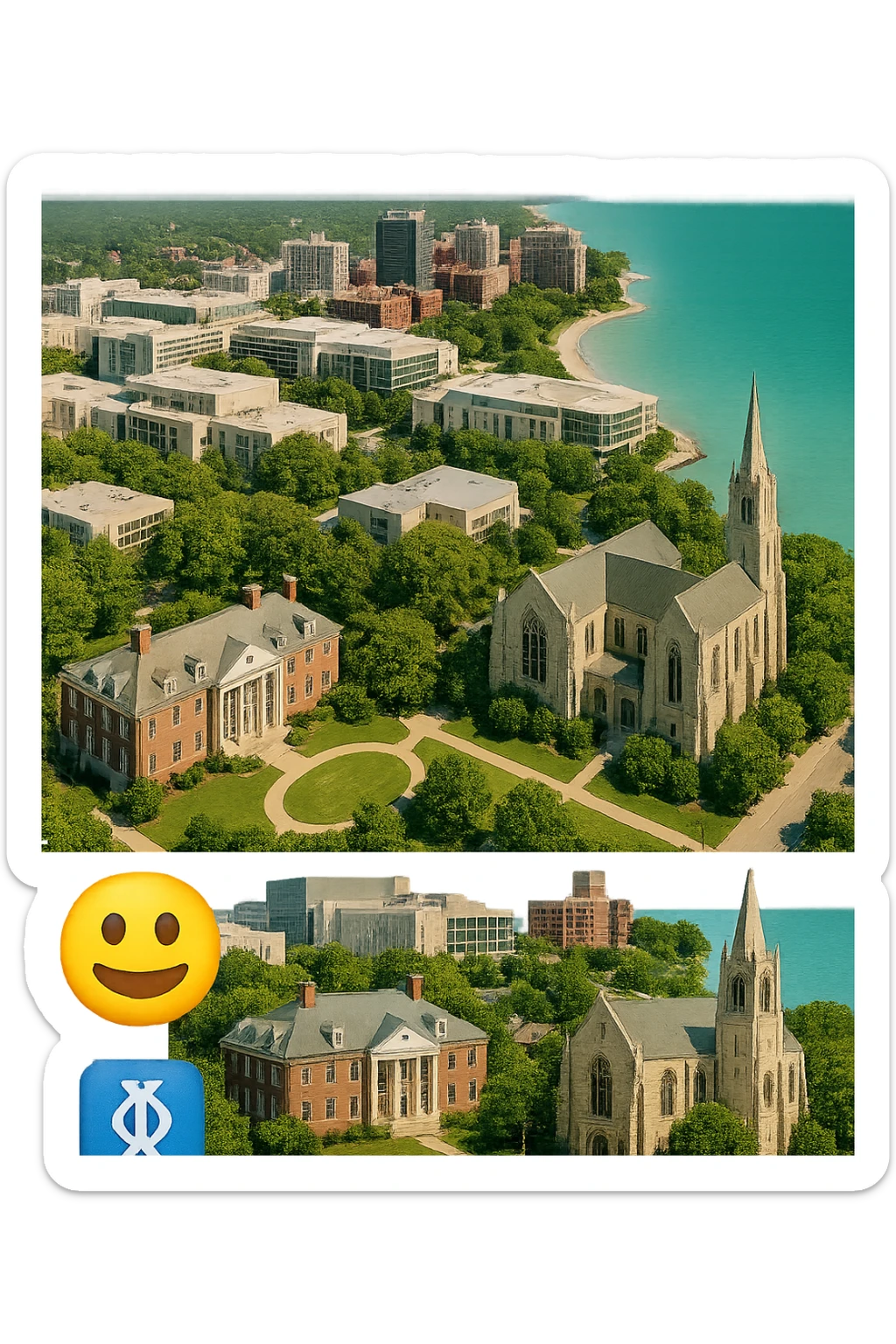 cinematic realistic emoji of Evanston, Illinois, city view with Northwestern University campus, Lake Michigan shoreline, downtown Evanston, Sigma Chi International Fraternity Headquarters building, and Levere Memorial Chapel (Sigma Alpha Epsilon HQ), lifelike detail, accurate colors, bright daytime, no sky, no clouds, transparent background sticker