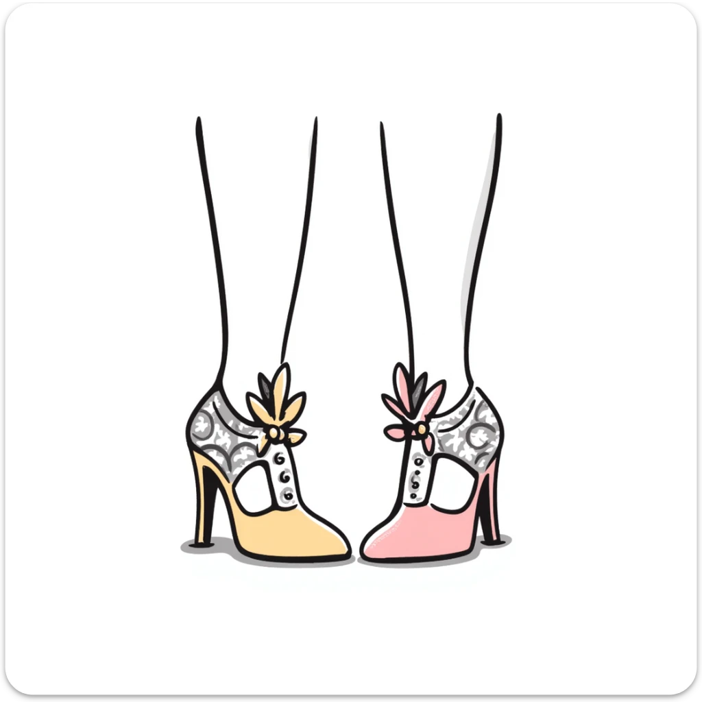 a pair of women's high heel shoes with elegant details, pastel colors dd9fb0, ffc6d3, a3bfc9, c4bee2, f1b091, detailed hand-drawn doodle style sticker