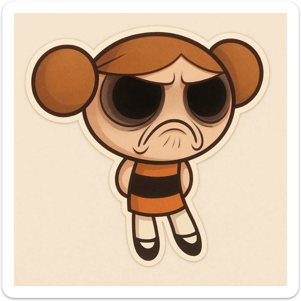 Add hollow, dark eyes and a twisted frown to the character, maintaining the original cartoon style and quality. sticker