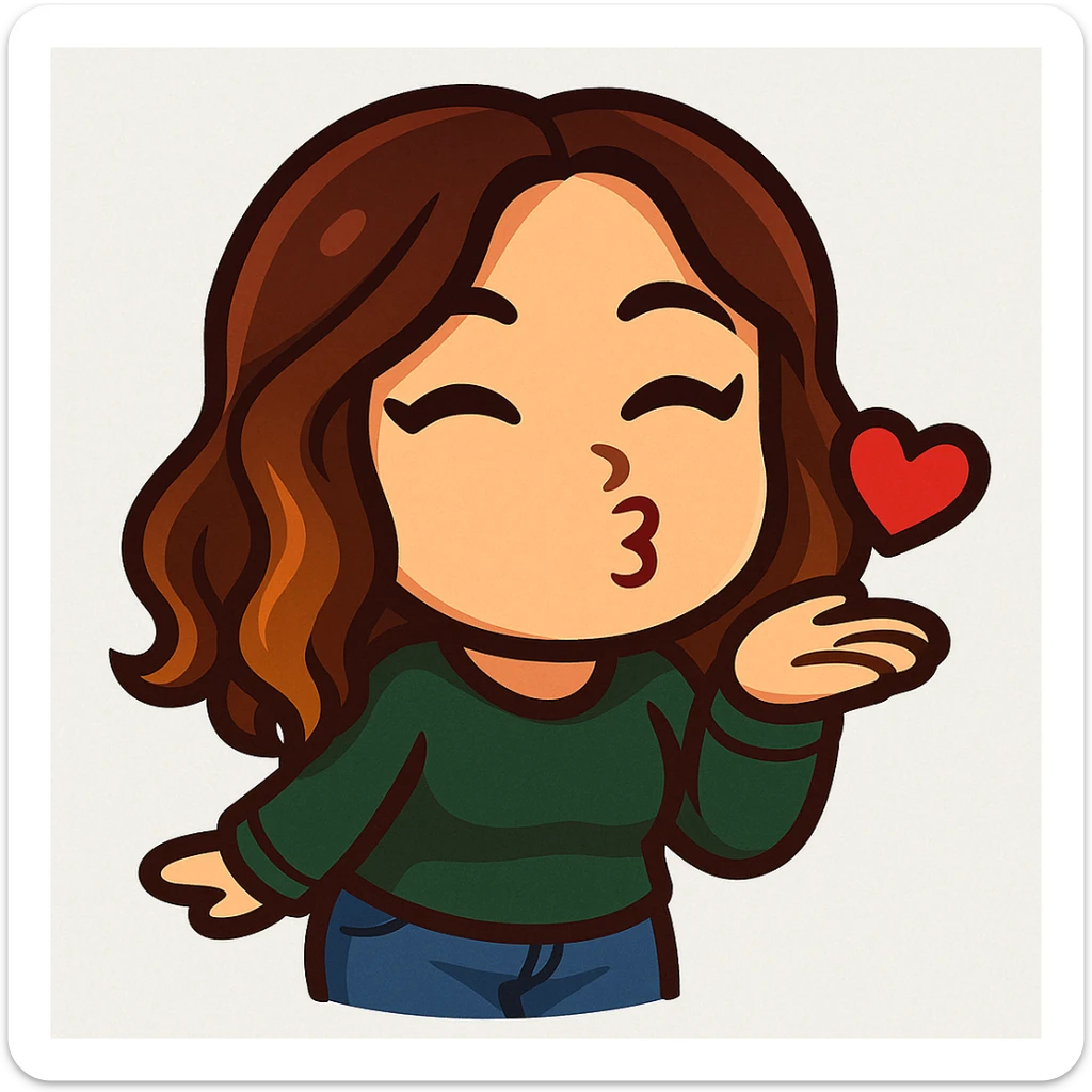chibi emote of the woman from the reference images, wearing a green sweater and jeans, blowing a kiss, no headband, no wand, transparent background sticker
