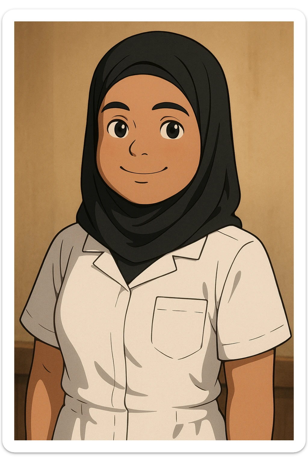 Portrait Ghibli style of a student nurse in a white short-sleeve nursing uniform with a V-neck medical tunic, left chest pocket, no collar stand, no stethoscope, warm indoor ambiance, neutral wall-style background, no clothing under the tunic. sticker