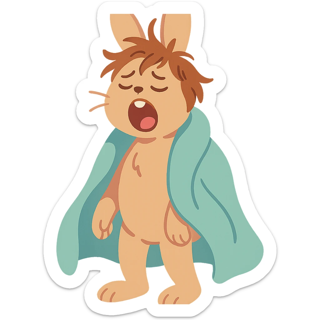 full-body pale brown bunny yawning with messy hair, blanket over shoulders, pastel-toon style sticker