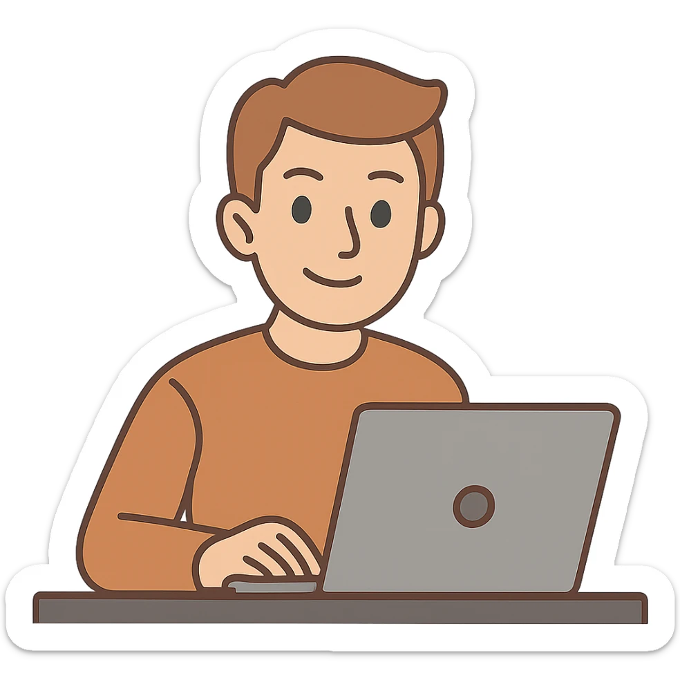 flat toon style man with light brown hair and green eyes sitting in front of a laptop sticker