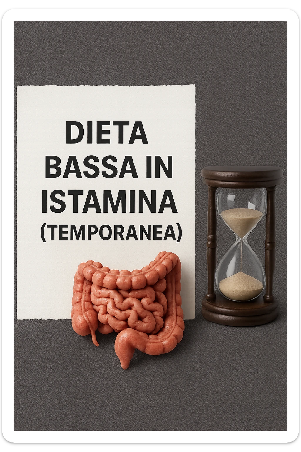 foglio di carta di una dieta con la scritta "DIETA BASSA IN ISTAMINA (TEMPORANEA), E ACCANTO CI METTI UN INTESTINO IN MINIATURA E UNA CLESSIDRA, iperrealistico 4k sticker