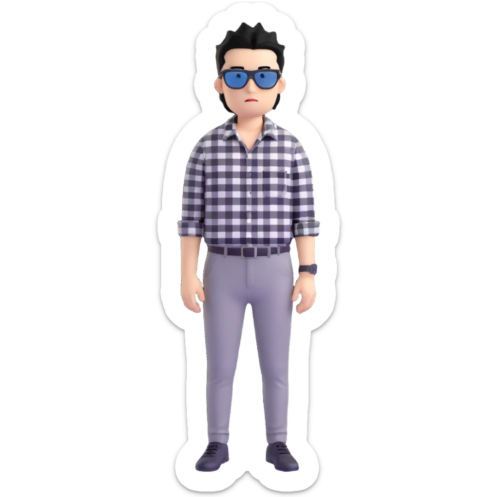 Satoru Gojo from Jujutsu Kaisen with spiky black hair, wearing black and white checkered shirt, black pants, confident expression, sunglasses on top of head sticker
