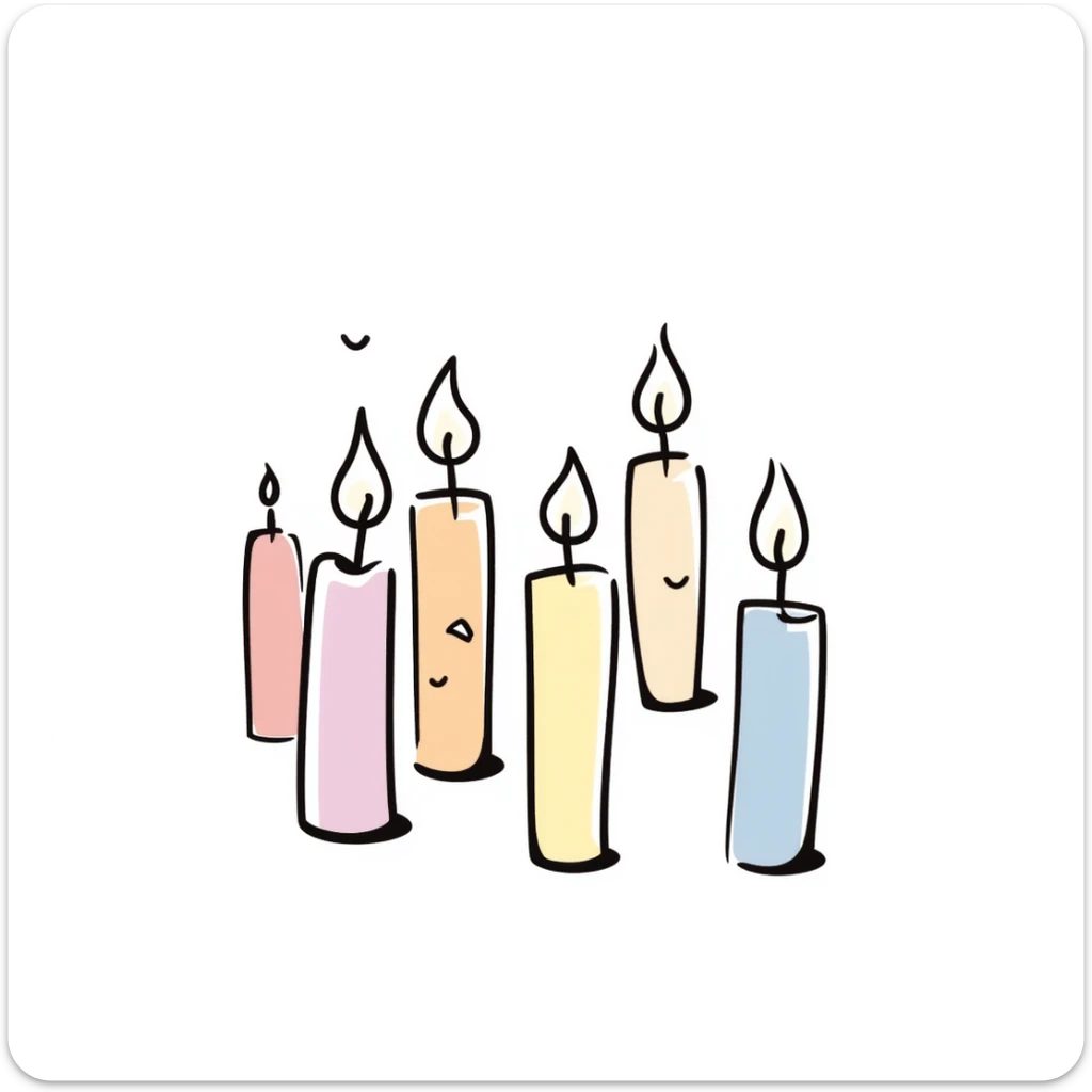 a group of candles of different heights, some lit with gentle flames, in pastel colors dd9fb0 ffc6d3 a3bfc9 c4bee2 f1b091, detailed hand-drawn doodle style sticker