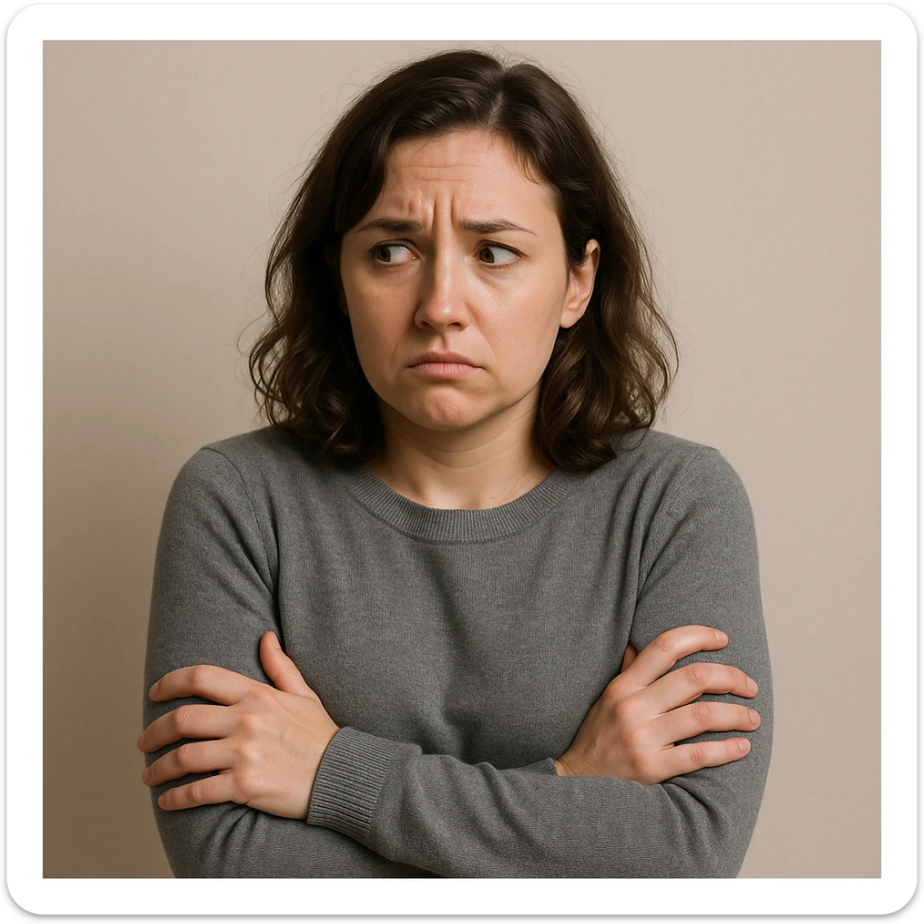 a woman with a worried face, arms crossed protectively, glancing sideways, body language showing insecurity, simple background sticker