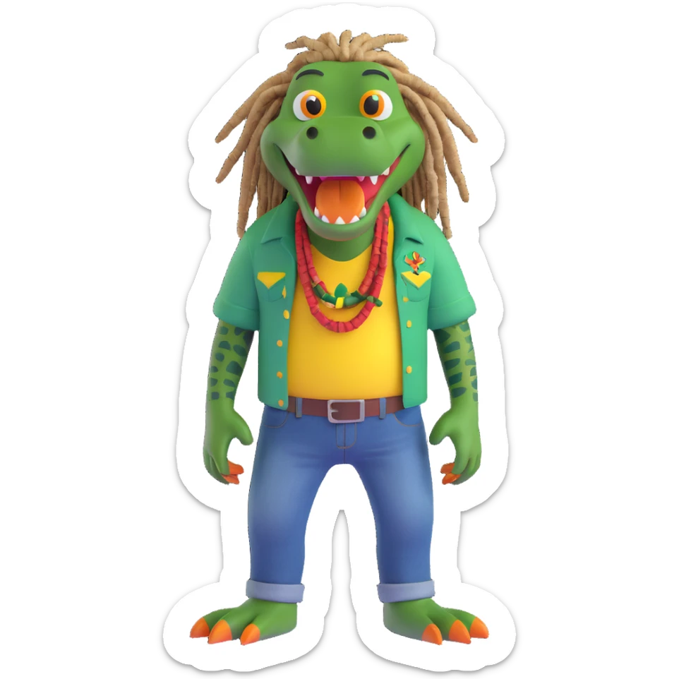 3D cartoon Rasta alligator with dreadlocks, wearing a reggae shirt and jeans, cheerful expression sticker