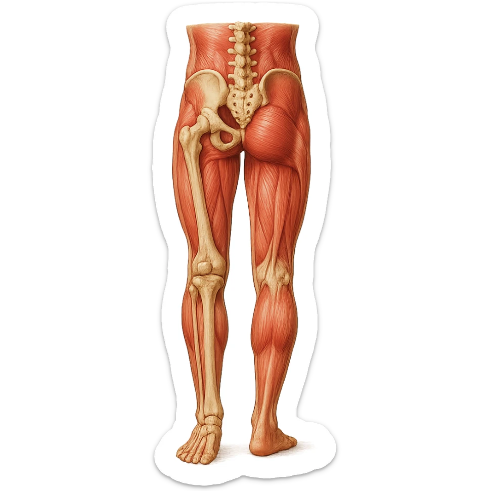 Edit the image to depict an inhibited leg (shorter than the other), in a medical anatomical style, posterior view, hyperrealism, with no background. Variation 5. sticker