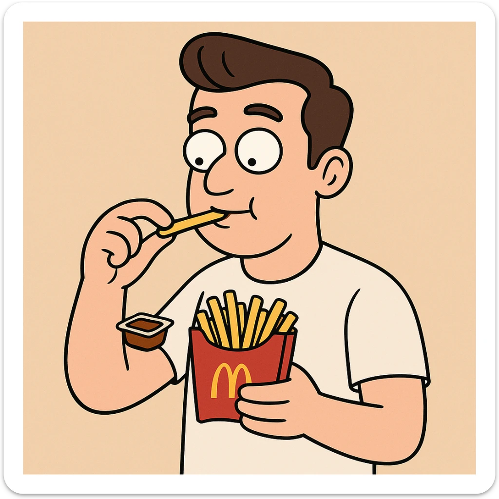 Side oil head brown hair white shirt beige shirts  eating mcdonalds fries some sauce sticker