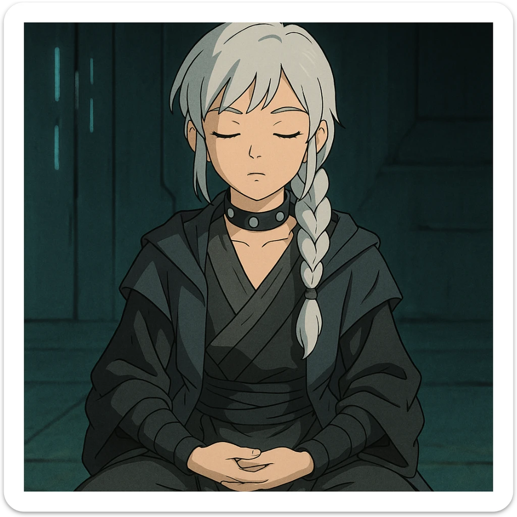  a closeup portrait of young woman with gold yellow eyes, white hair, long braid, black off-shoulder top, punk gothic style, futuristic cyberwave cyberpunk,  jedi attire, kneeling and gathering chi, jedi meditate, eyes closed hands at full rest sticker
