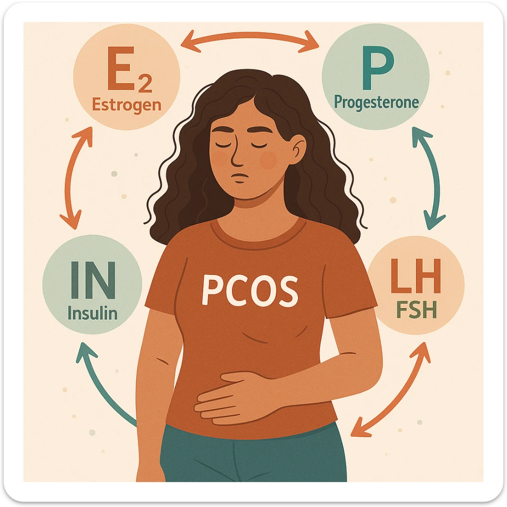 modern illustration of a woman with PCOS surrounded by hormone symbols (estrogen, progesterone, insulin, LH, FSH), arrows showing balance and interaction among them, harmonious colors, light background sticker