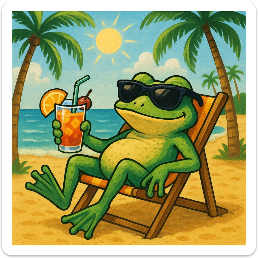 cool frog wearing sunglasses, drinking a mai tai, laying in a beach chair on the sand, tropical beach scene sticker