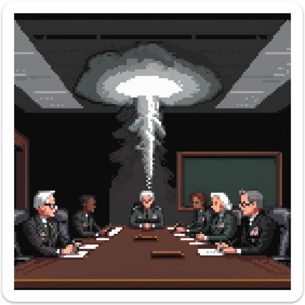 a SNES box art image of PENTAGON officials in a dark smoke filled board room meeting. cutscene graphic - 3/4 side perspective sticker