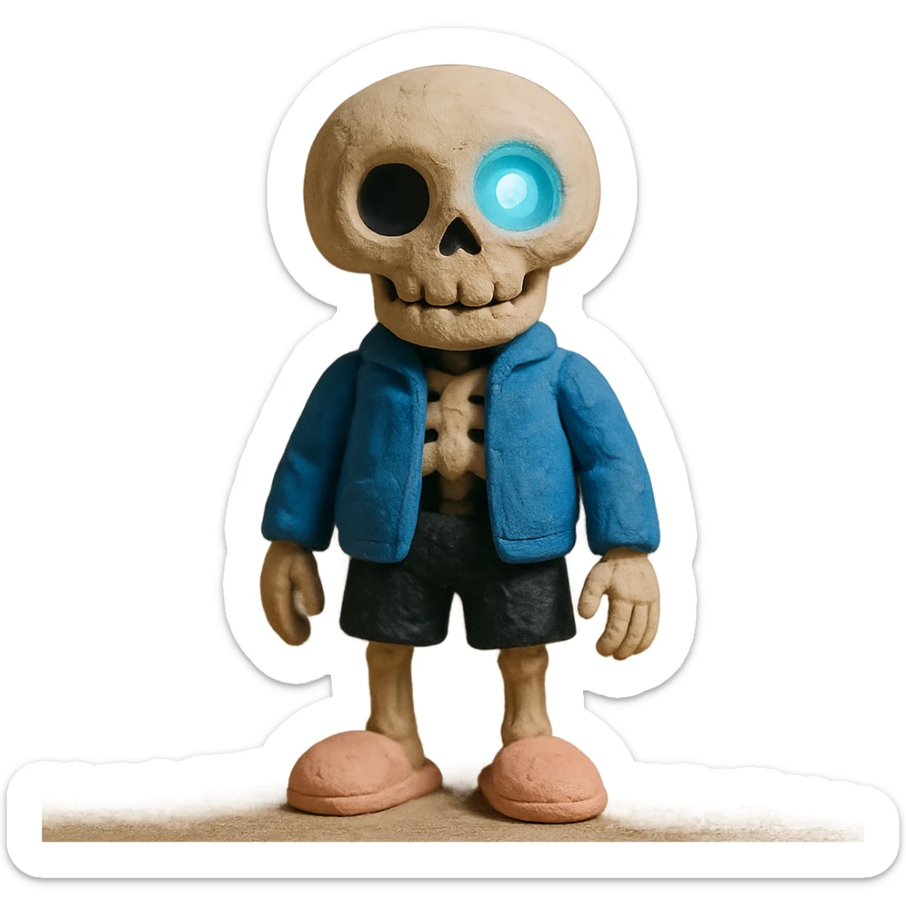 short skeleton with blue jacket, black basketball shorts, light pink slippers, blue glowing left eye sticker