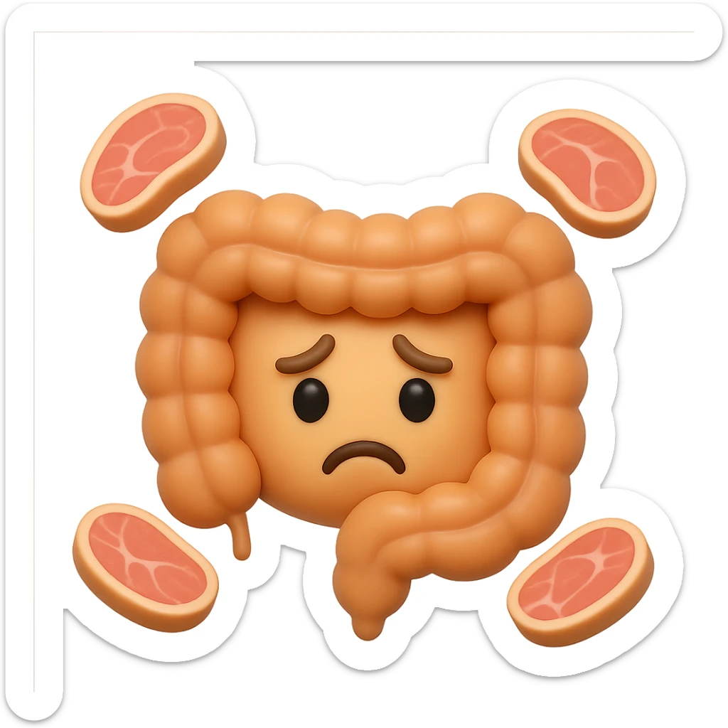 emoji stile iphone in 3d di un intestino triste con fette di carne che gli fluttuano intorno sticker