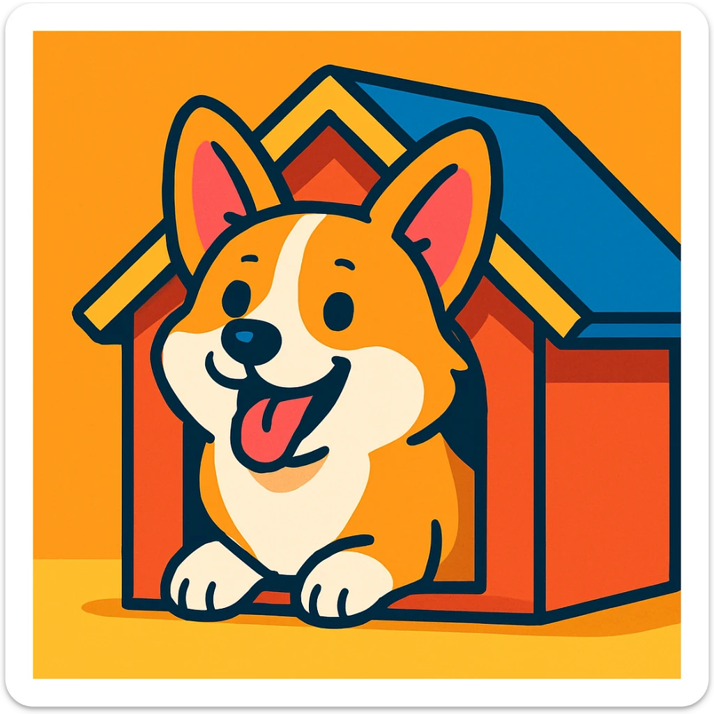 a happy corgi with its head sticking out of a dog house, vibrant toon style, cartoonish, colorful sticker