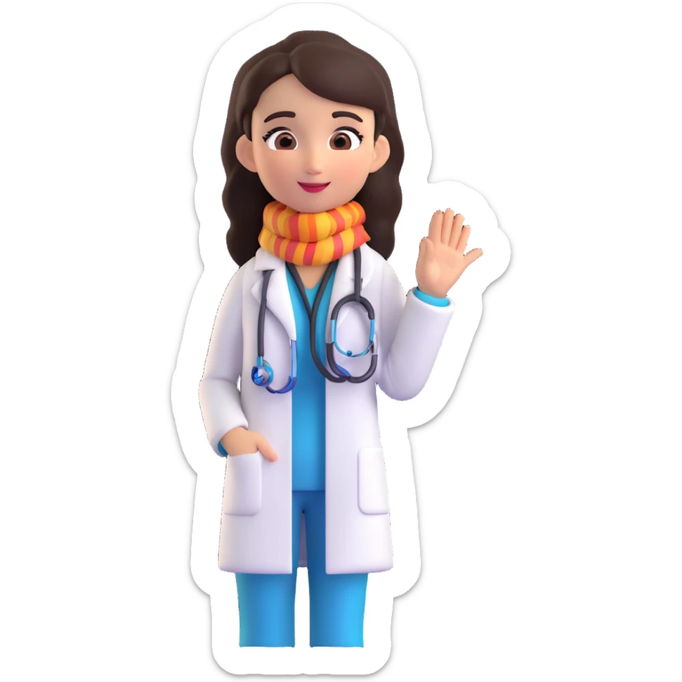 cute Mexican doctor girl, waving, stethoscope around neck, wearing white coat, bright scarf, 3D cartoon style sticker