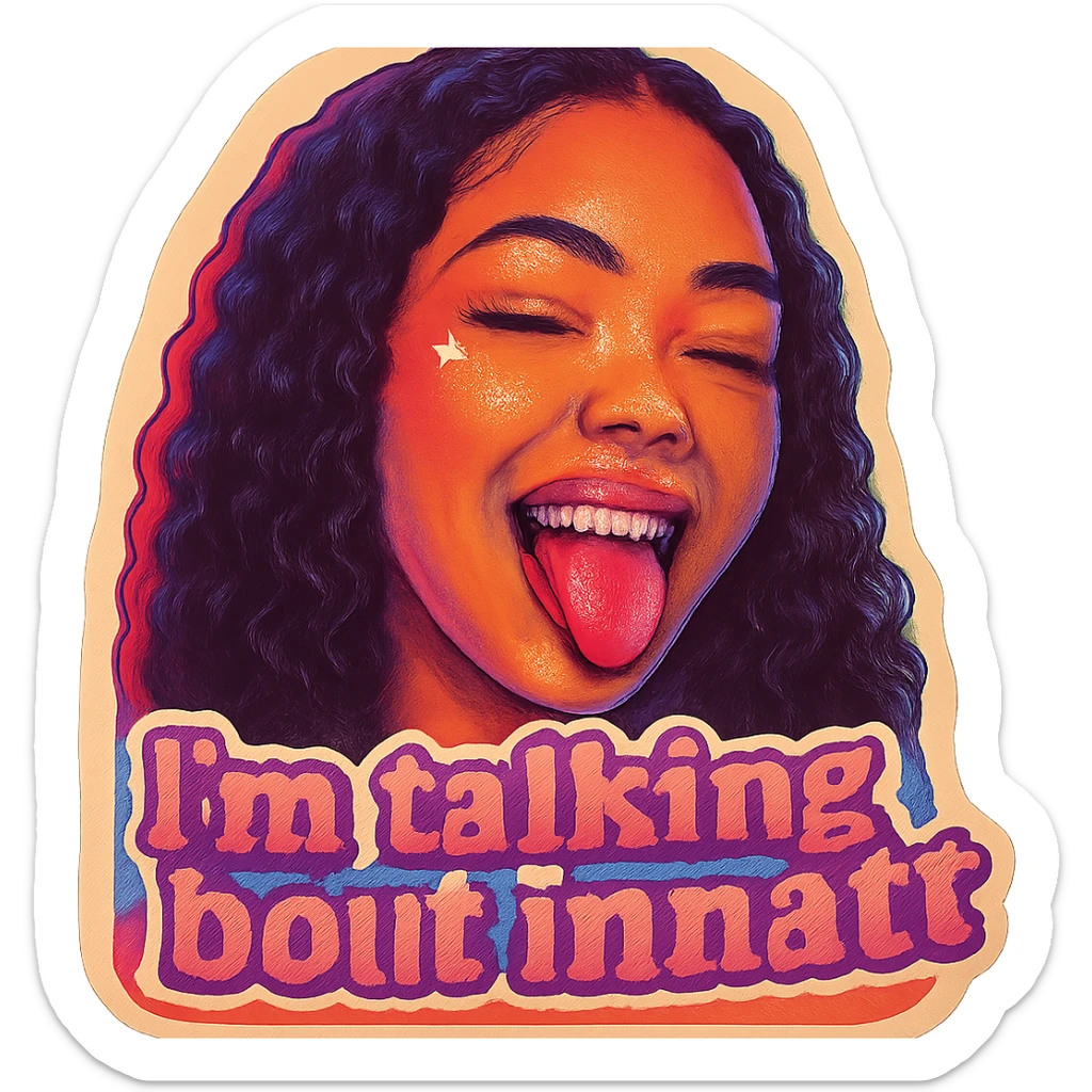 smiling with tongue sticking out
add the words  I’m talking bout innatt in pink sticker