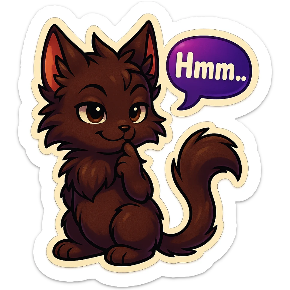 a dark-brown fluffy cute kawaii anthropomorphic furry anime cat-furry with tufted ears and a long thin tufted tail, thinking, smirking thoughtfully, saying “Hmm..” with a purple speech bubble, (cartoon style) (cute anime style) (furry style) (deviantArt style) (artist style: Kamirah) sticker