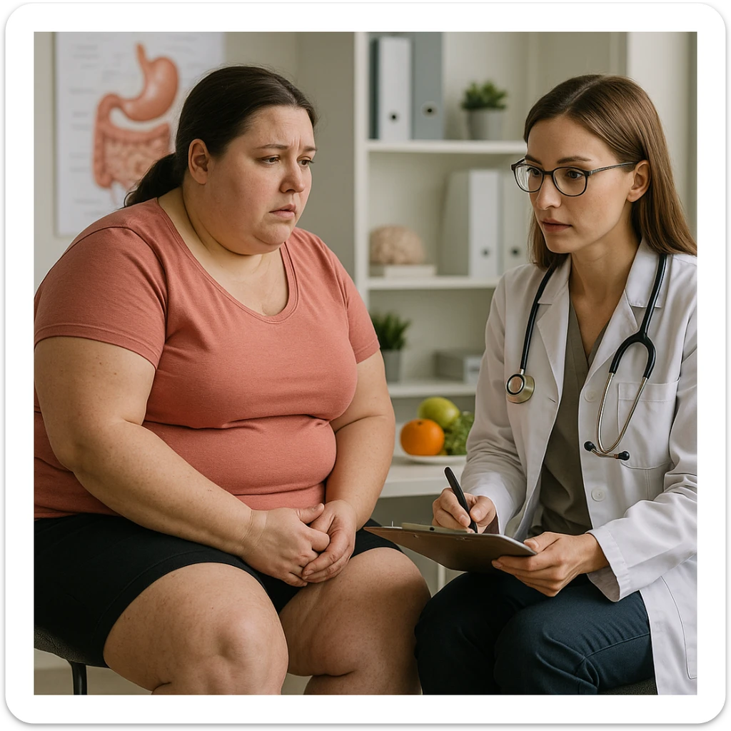 overweight woman consulting a nutritionist, stubborn fat on legs and thighs, hyper realistic 4K style, clinical scene details sticker