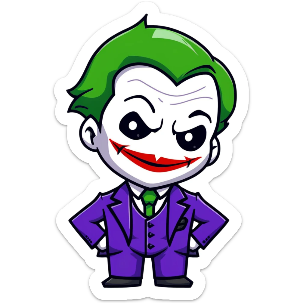The Joker villain full body with green hair, purple suit, white face, red lips, sinister smile sticker