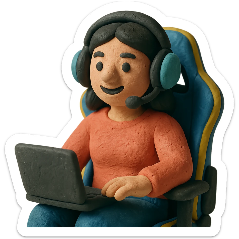 female streamer with headphones and a gaming chair, claymation style sticker