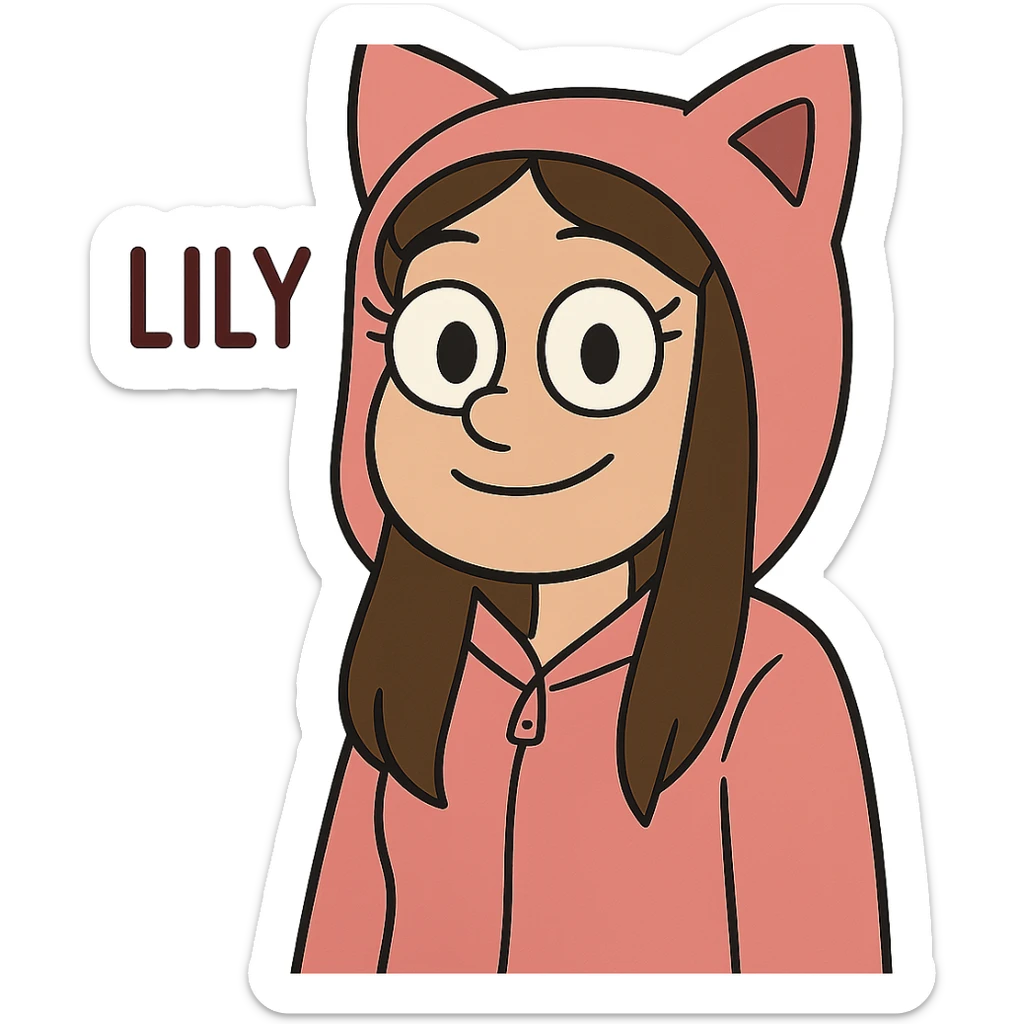cartoon face of Lily, pink cat onesie hood, big brown eyes, long brown hair, same expression, same line style sticker