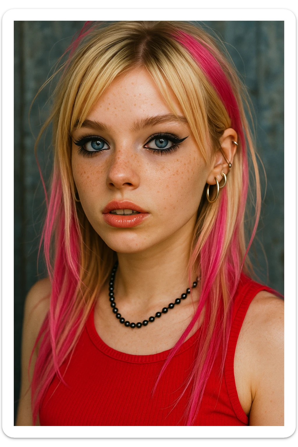A young blonde girl with a punk and Y2K style, blue eyes, long blonde hair with pink highlights, subtle black eyeshadow and eyeliner (not emo), freckles, fake eyelashes, wearing a red top and a black necklace. sticker