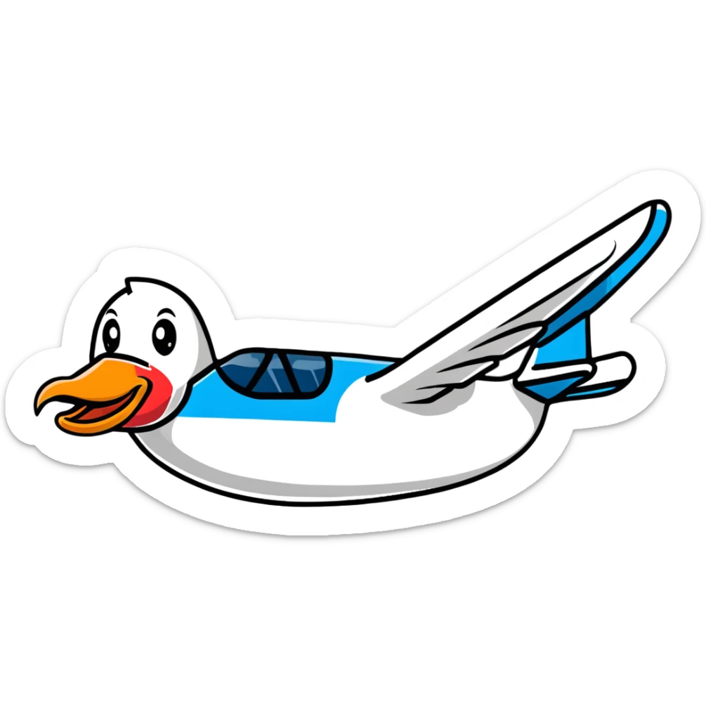 A cute airplane with a goose head and neck, flying with aircraft wings sticker