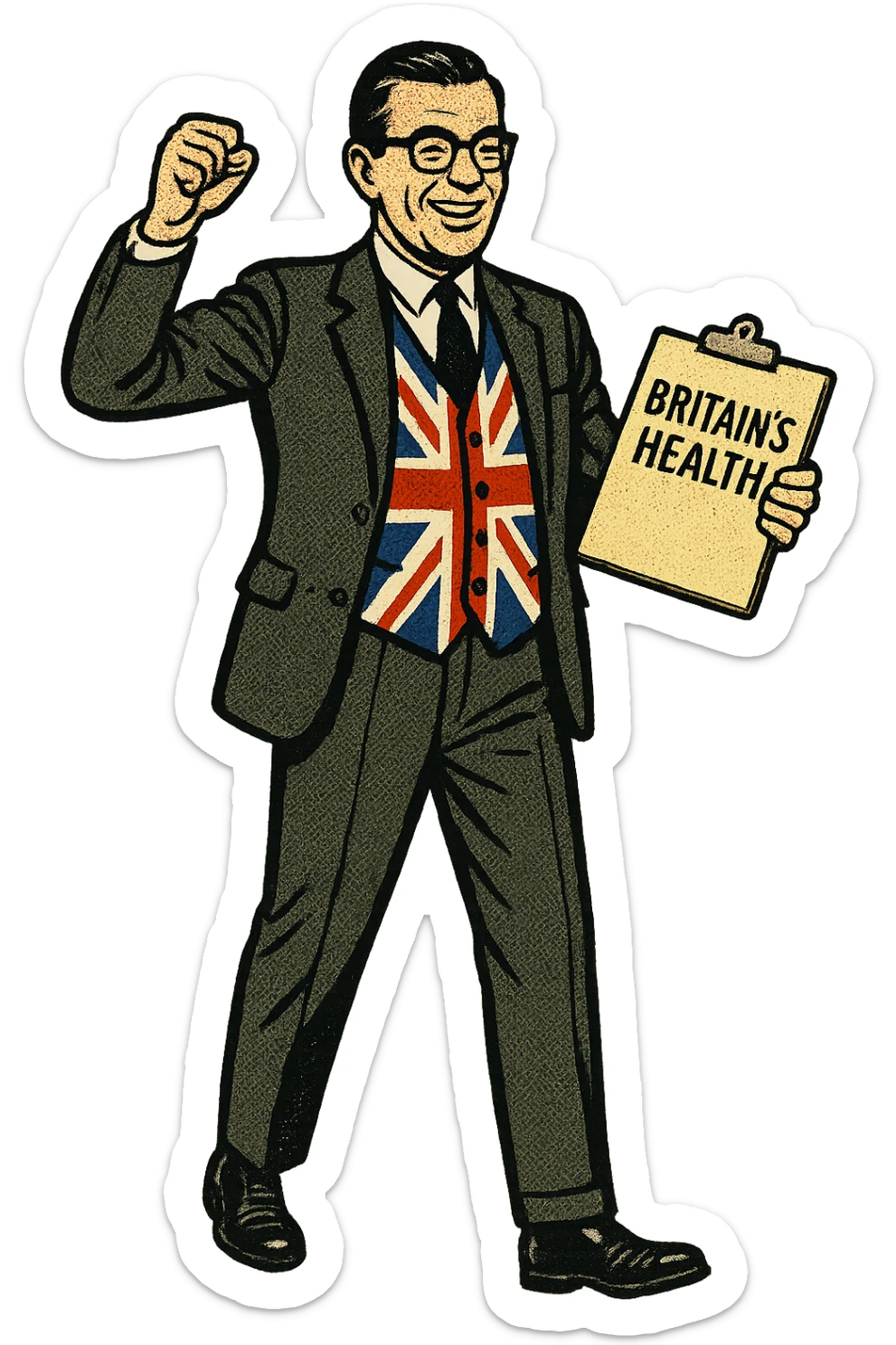 A full body image of a British politician from the 1960s wearing a union jack waistcoat and holding a clipboard with the words 'Britain's Health' written on it. sticker