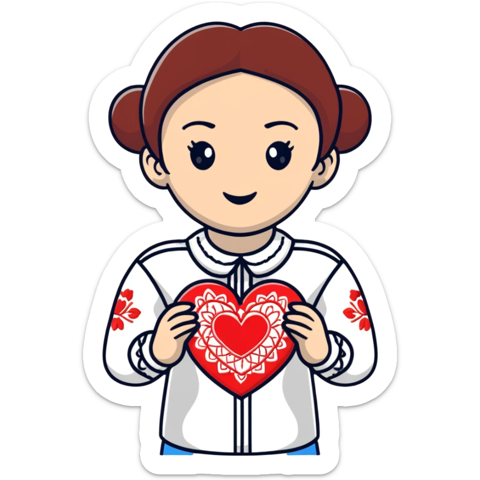 Beautiful young girl in a white Ukrainian embroidered shirt holds a large embroidered heart in her hands sticker