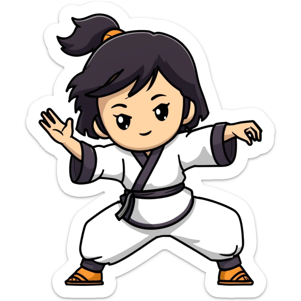 lightskin young girl with black straight hair and dark eyes, taichi pose, flowing clothes sticker