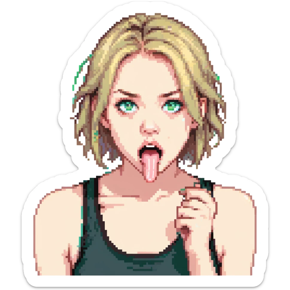 dirty blonde girl with blueish green eyes, black tank top, sticking tongue out and drooling sticker