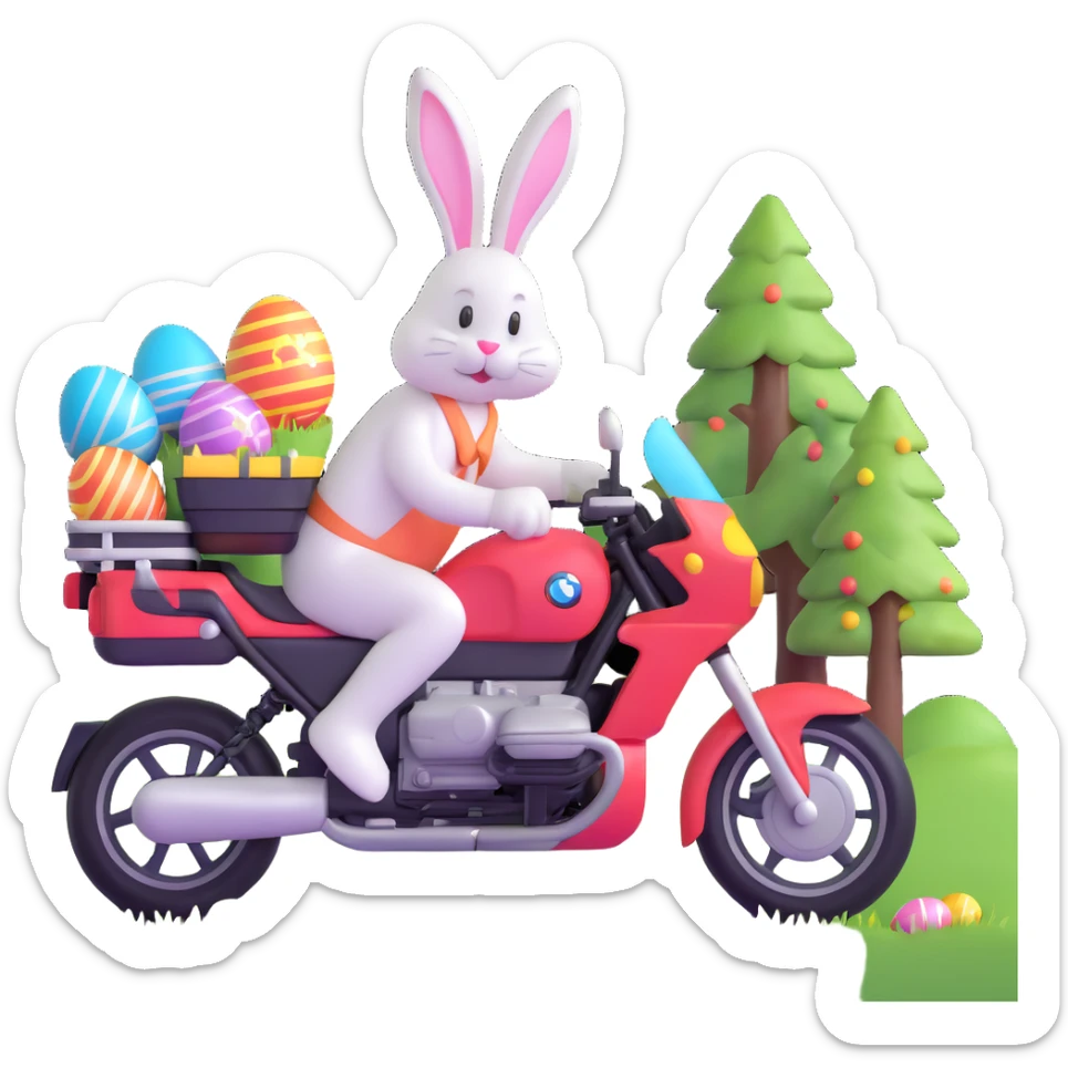 Easter bunny riding a BMW boxer motorcycle with trees and grass in the background, colorful Easter eggs hidden in the grass, and more bunnies watching from the side of the road sticker