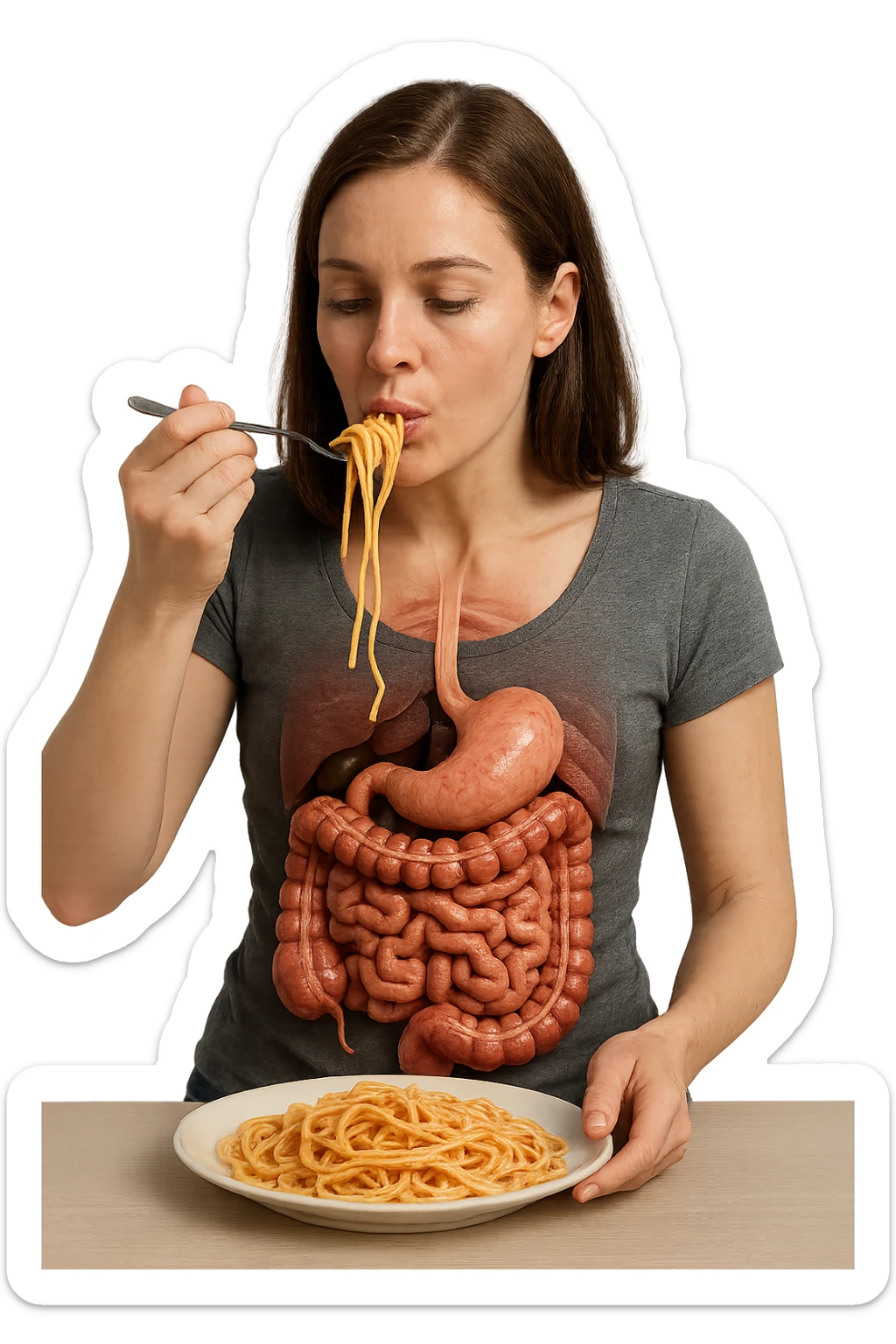 donna con intestino umano anatomico in evidenza che mangia un piatto di pasta, iperrealistico 4k sticker