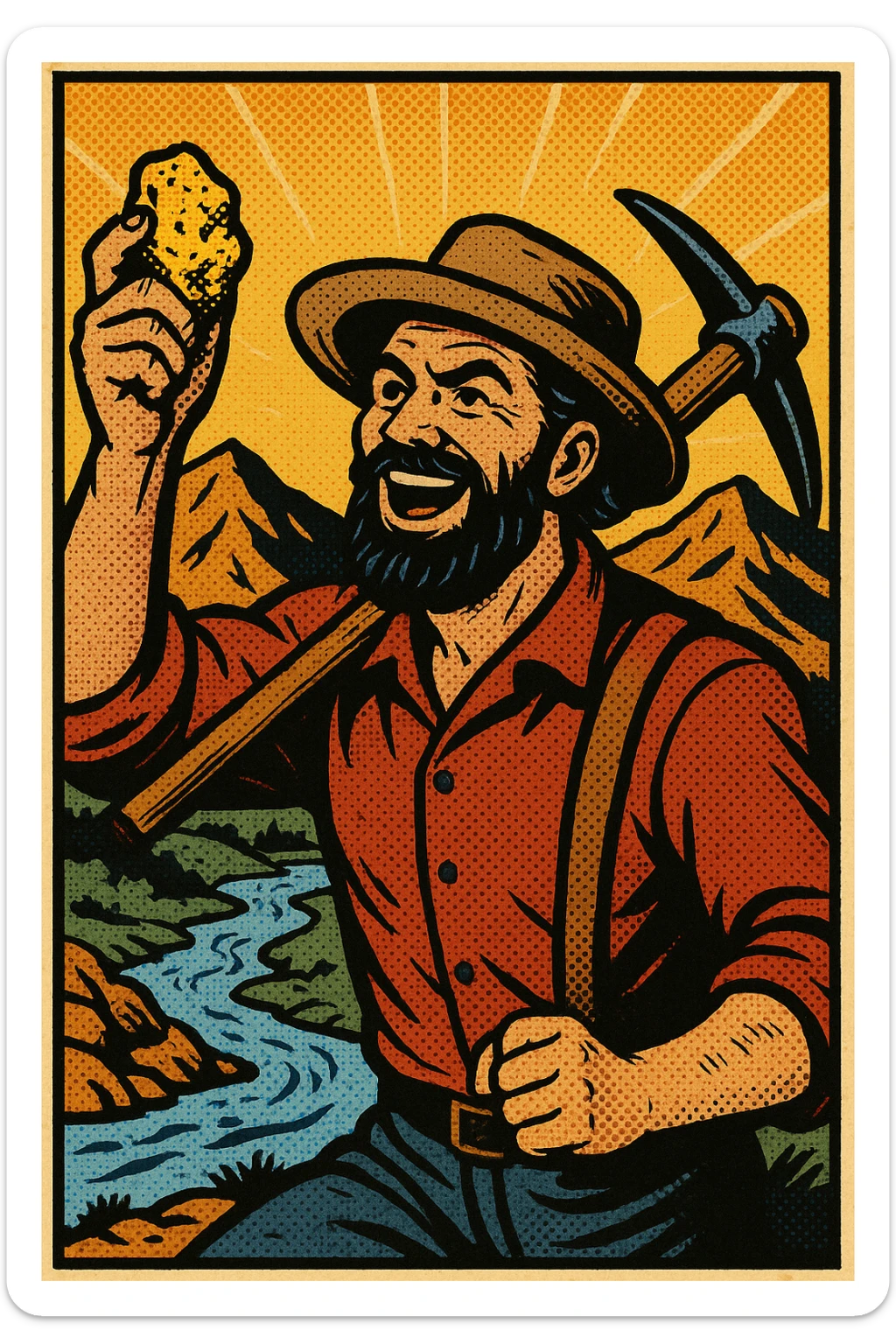 A male gold prospector in the 1840s in California holding up a nugget of gold and carrying a pickaxe.  In the background are mountains and a stream. sticker