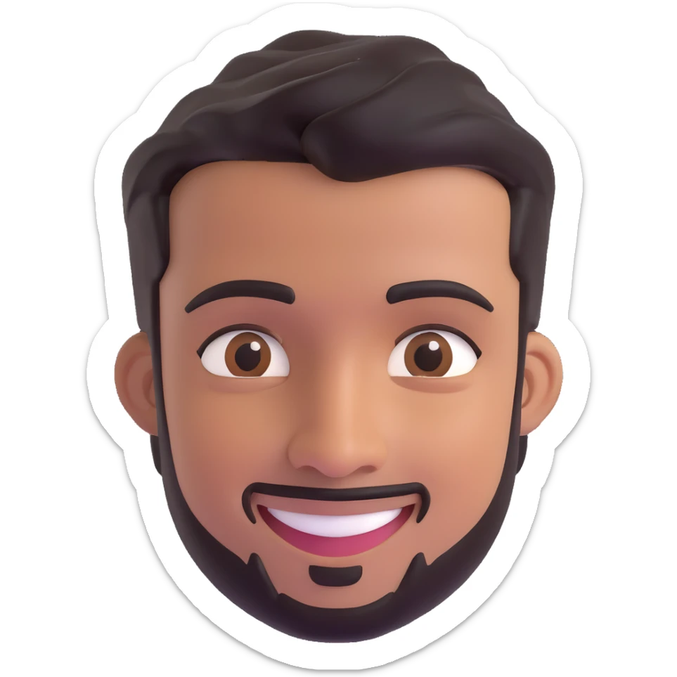 3D Disney-style portrait of a smiling man with medium-dark brown skin, short black hair, neatly trimmed goatee, large brown eyes, defined eyebrows, friendly confident expression, head and face only, no background sticker