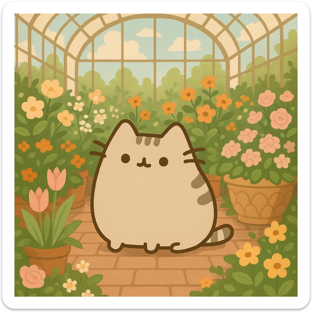 beige pusheen kitten in a botanical garden greenhouse filled with flowers sticker