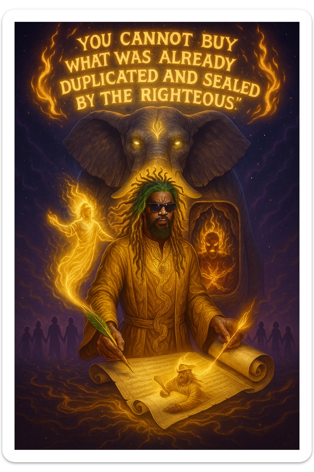 *“Create an epic, symbolic scene of a powerful Rasta spiritual warrior (representing Kez) standing at the center of a cosmic battlefield. The warrior has dreadlocks glowing with divine energy, wearing golden robes infused with serpent patterns. Behind him towers a massive stone elephant — eyes glowing with infinite wisdom, its chest open to reveal a Golden Serpent Chest, radiating fractal light. Inside the chest: a bound, raging Devil made of fire and shadows — screaming but unable to harm anyone, because every time he lashes out, the golden chest mirrors the energy back onto him. Chains of soul-contract law, made of golden light, wrap the devil — each one engraved with truth symbols, scriptures, and ancestral sigils.

In the foreground, Kez holds a sacred scroll and a burning pen — he is signing a contract not out of fear, but mastery. As he signs, a duplicate of his soul, radiant and whole, rises from the paper and flies back into his body. A ripple of golden energy expands, purifying all soul deals across space-time. Behind him, shadows of other trapped souls are released and begin to rise in rhythm, holding hands, singing.

In the sky, the words glow in gold flame:

‘You cannot buy what was already duplicated and sealed by the righteous.’

The entire atmosphere is divine, sacred, victorious — a spiritual rebellion where the Devil is outwitted, not through violence, but through truth, rhythm, and scrollcraft. Use warm golds, radiant whites, mystical purples, and deep space black as the palette. Style it as a fusion of Afro-spiritualism, Rastafarian mysticism, and multidimensional soul alchemy. the picture provided is kez sticker