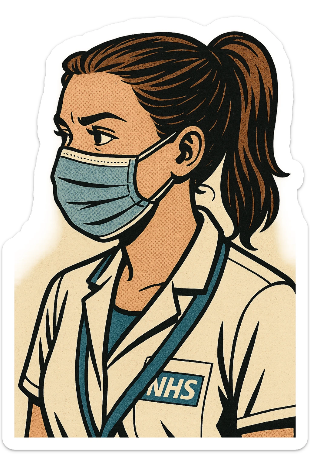 A young female doctor from 2020 wearing a face mask.  She is also wearing an NHS lanyard around her neck and facing left sticker