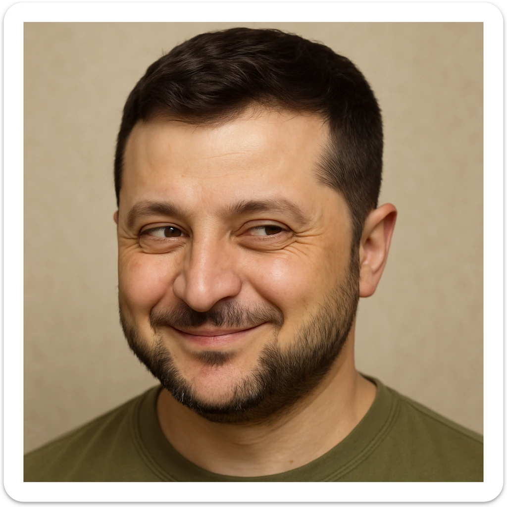 photorealistic emoji style portrait of Zelensky, round face, sly and cunning expression sticker